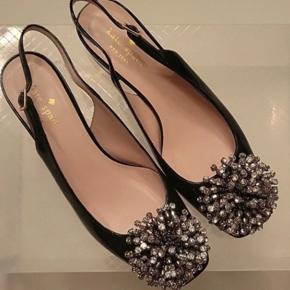 Kate Spade Black Gem Pom‎ Pom Low Block Heels Women Size 6.5